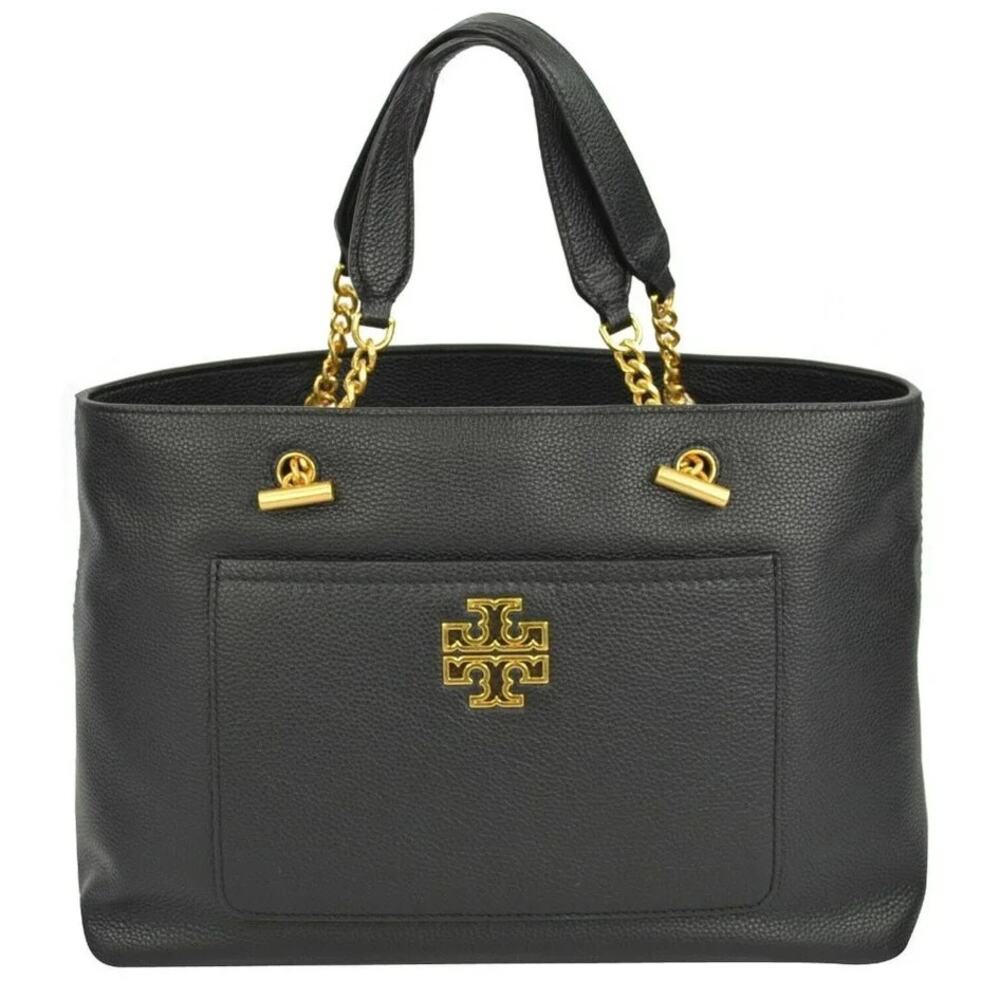 Tory Burch Britten Chain Tote Black Pebbled Leather Gold Hardware Shoulder Bag